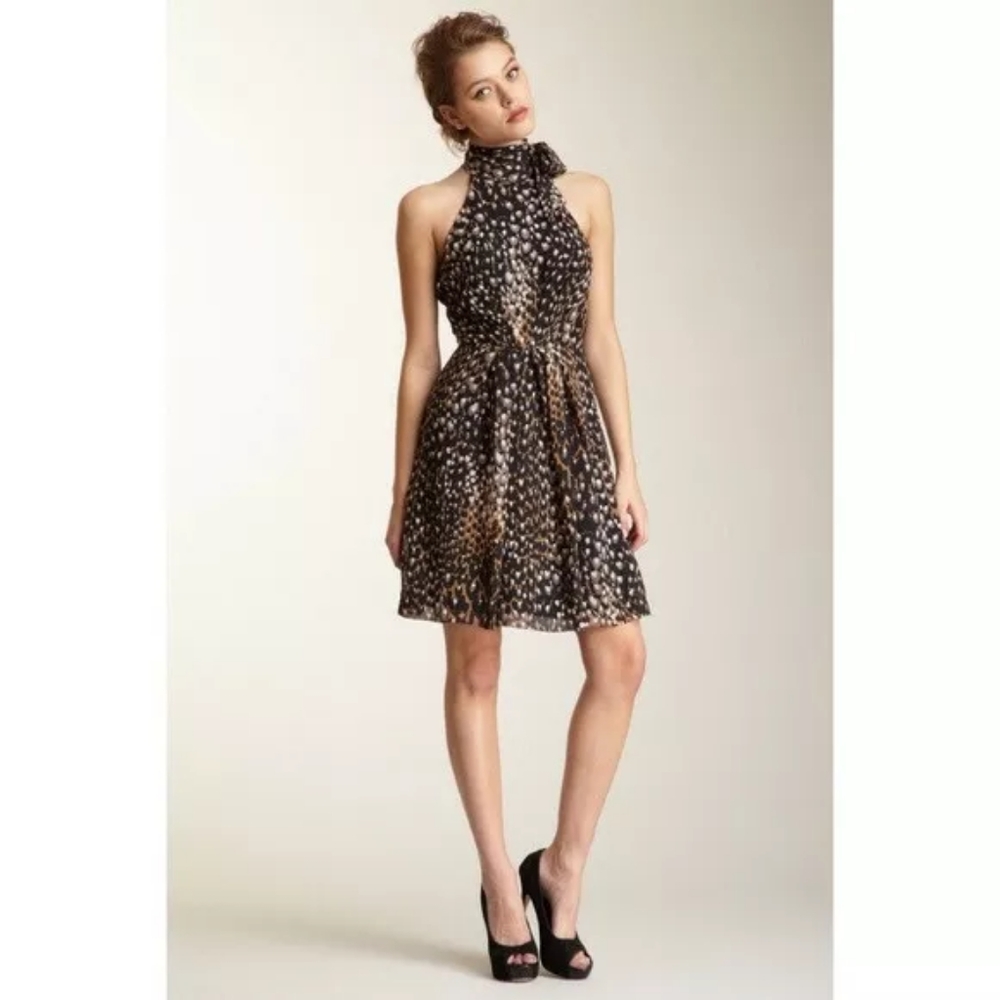 NWT Trina Turk Leopard Halter Top Silk Chiffon Dress